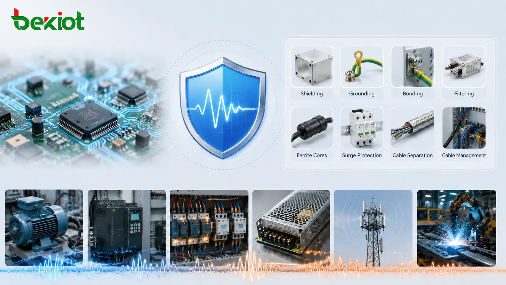 EMI protection methods including shielding grounding bonding filtering ferrite cores and cable separation