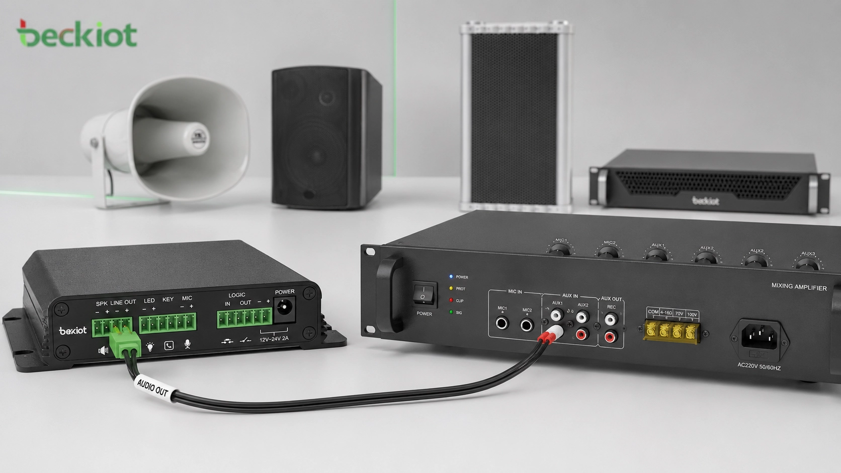 Traditional PA amplifier with RCA input connected to SIP paging gateway Phoenix terminal audio output