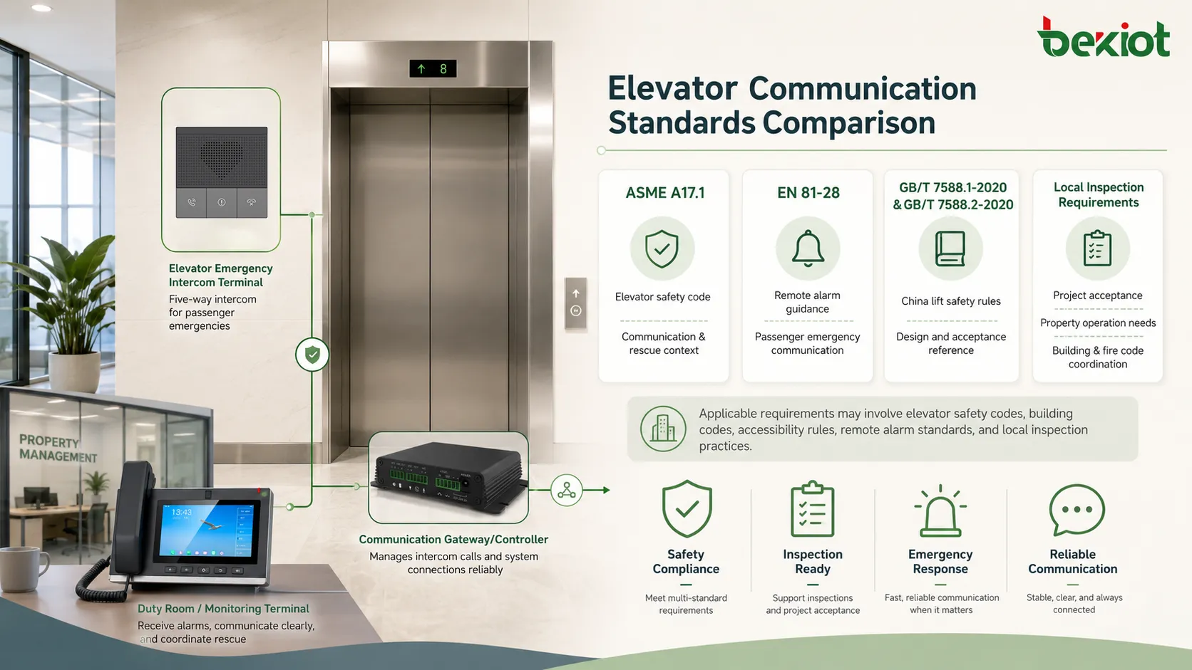 Elevator communication standards comparison including ASME A17.1 EN 81-28 GB T 7588 and local inspection requirements