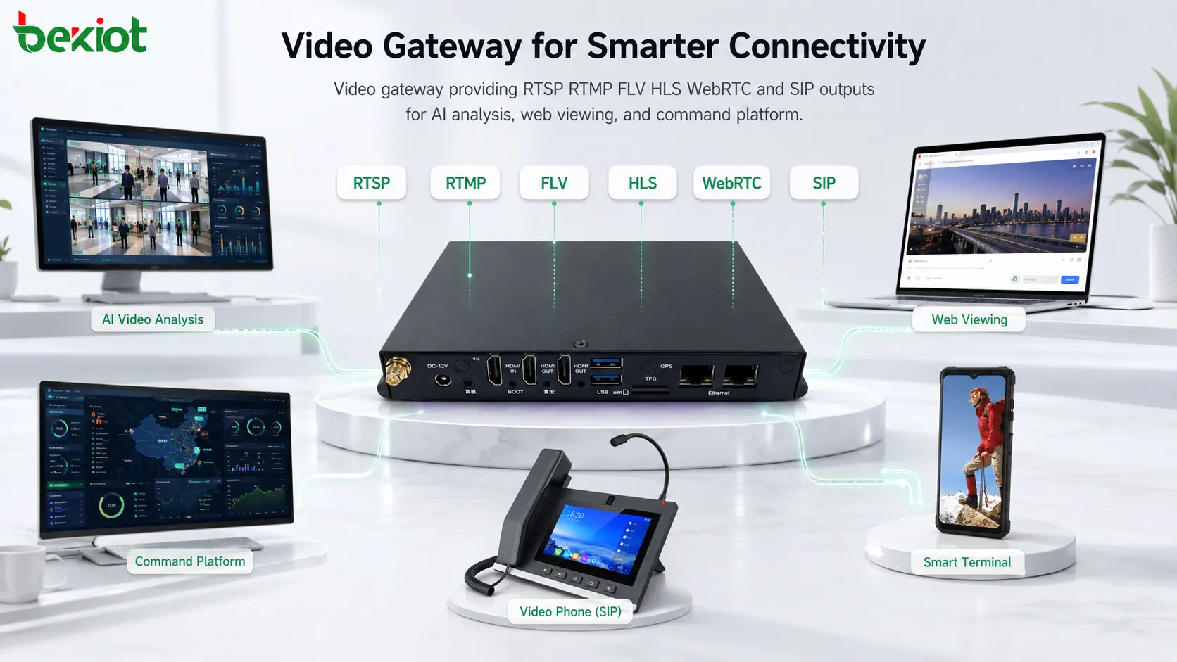 Video gateway providing RTSP RTMP FLV HLS WebRTC and SIP outputs for AI analysis web viewing and command platform