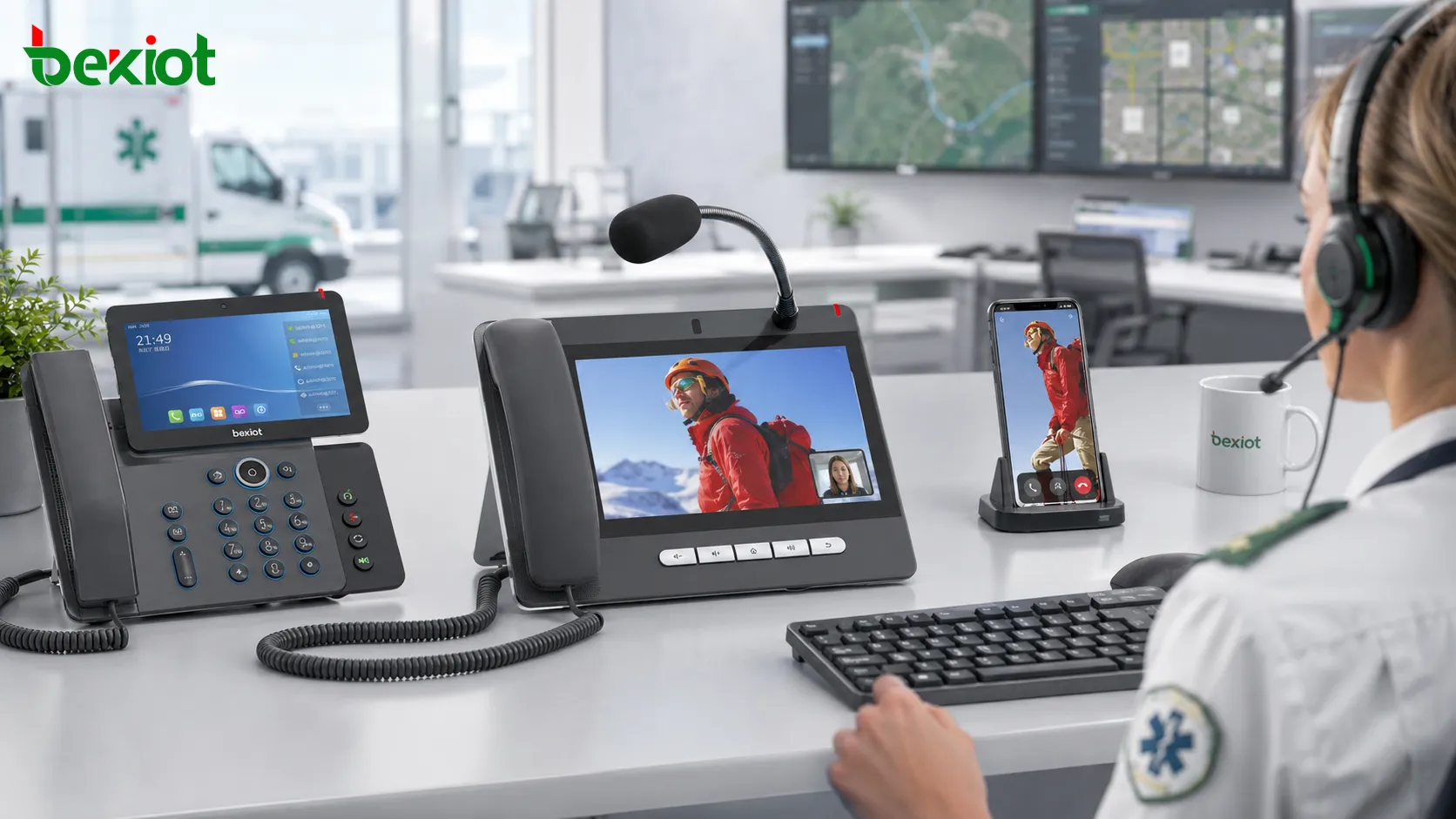 Video IP phone enabling visual calling between SIP desk phone mobile user and emergency service workstation
