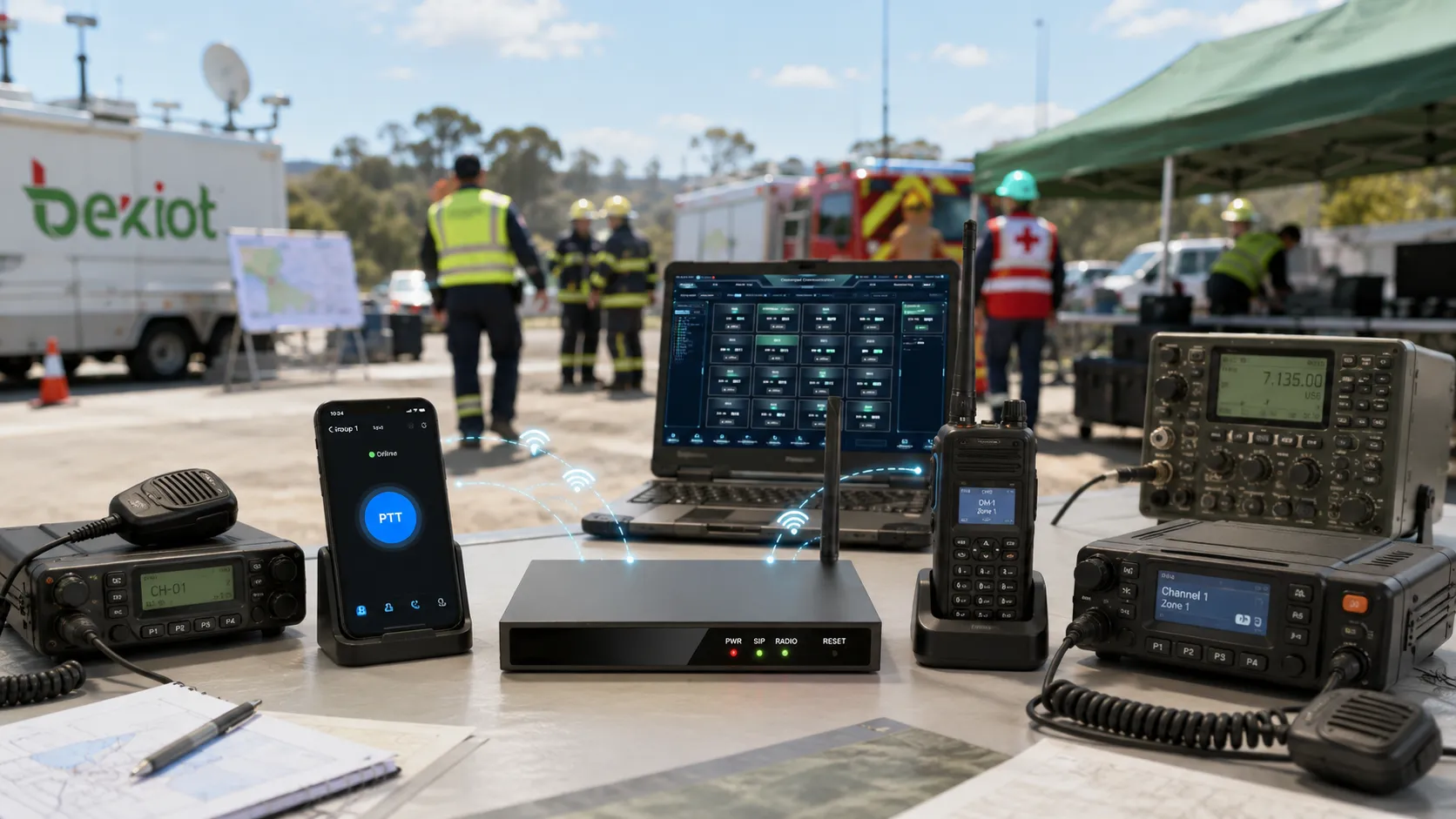 Emergency communication site using radio interoperability gateway to connect analog radios public network PTT PDT DMR TETRA aviation radio and shortwave radio