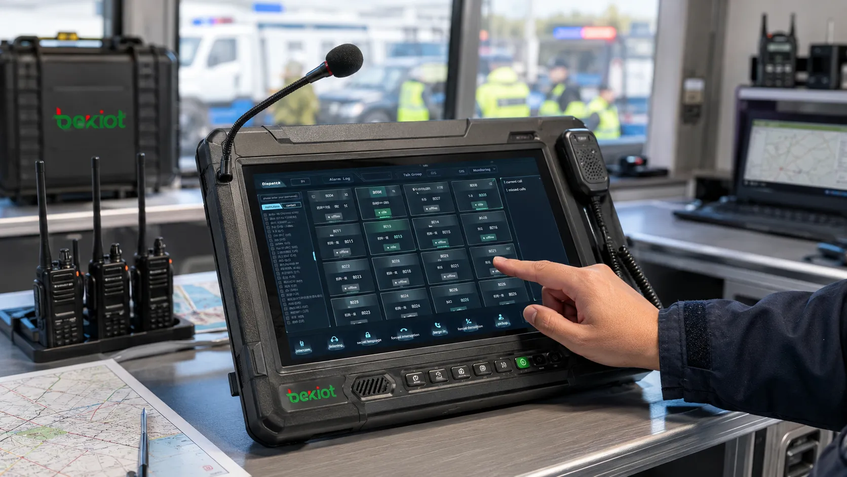 Portable voice dispatch console managing temporary radio groups with touch panel operation in emergency command post