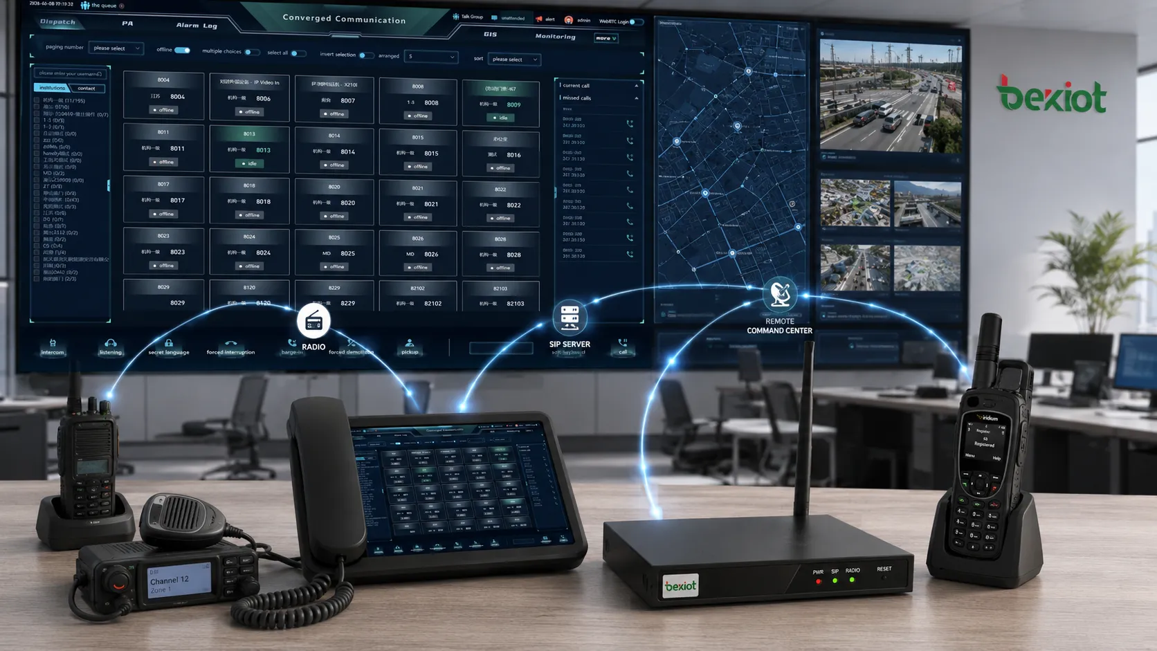 RoIP gateway portable voice dispatch console SIP server satellite phone and remote command center integration architecture