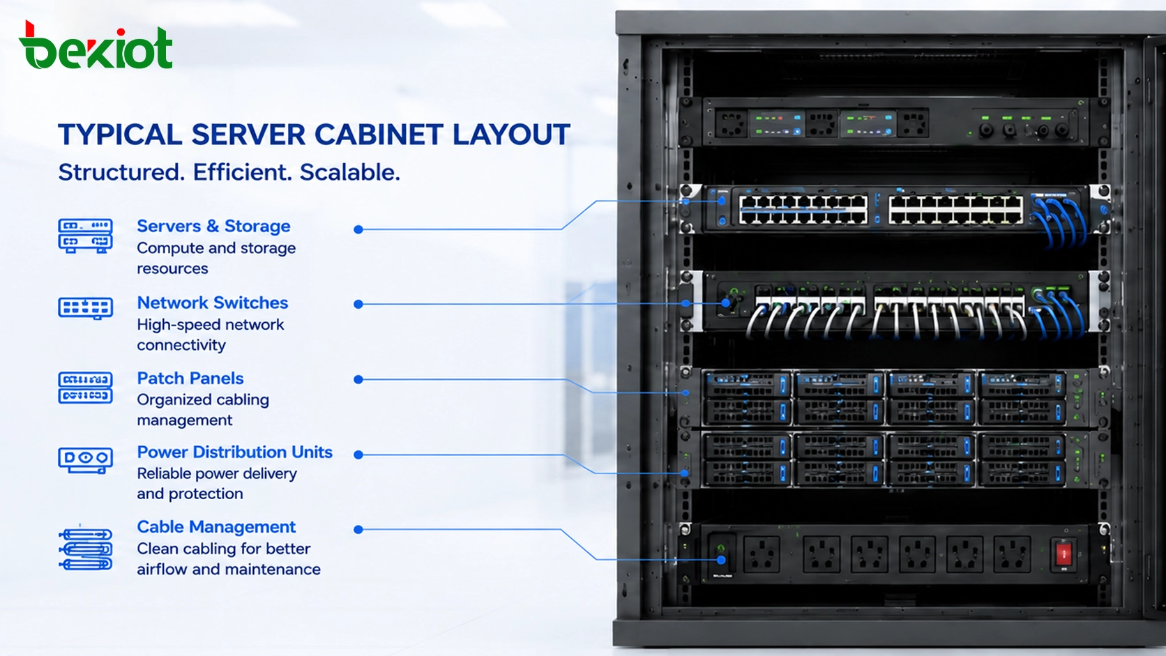 Telecom server cabinet layout with network switch gateway server patch panel and power distribution units