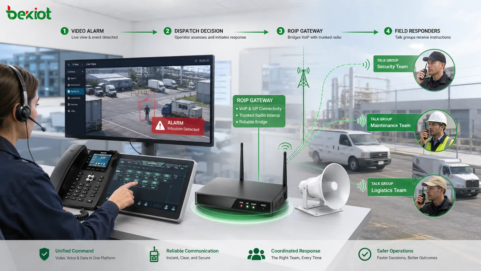 Command collaboration workflow linking video alarm dispatch platform trunked radio gateway and field responder talk groups