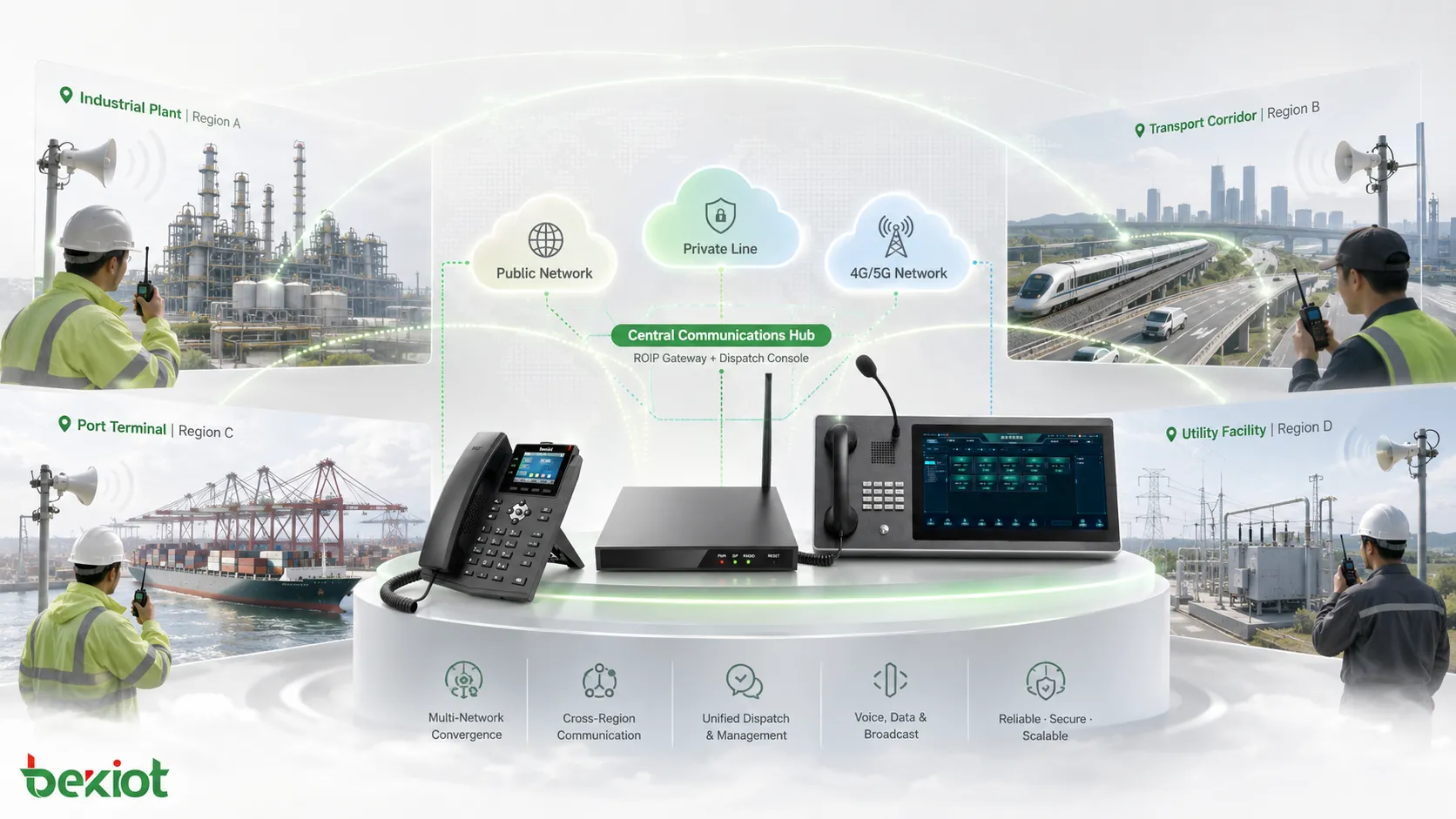Cross region radio communication extended through public network private line and 4G 5G network by gateway