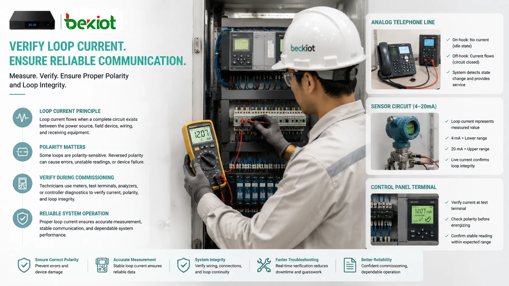 Technician measuring loop current with multimeter on analog telephone line sensor circuit and control panel terminal