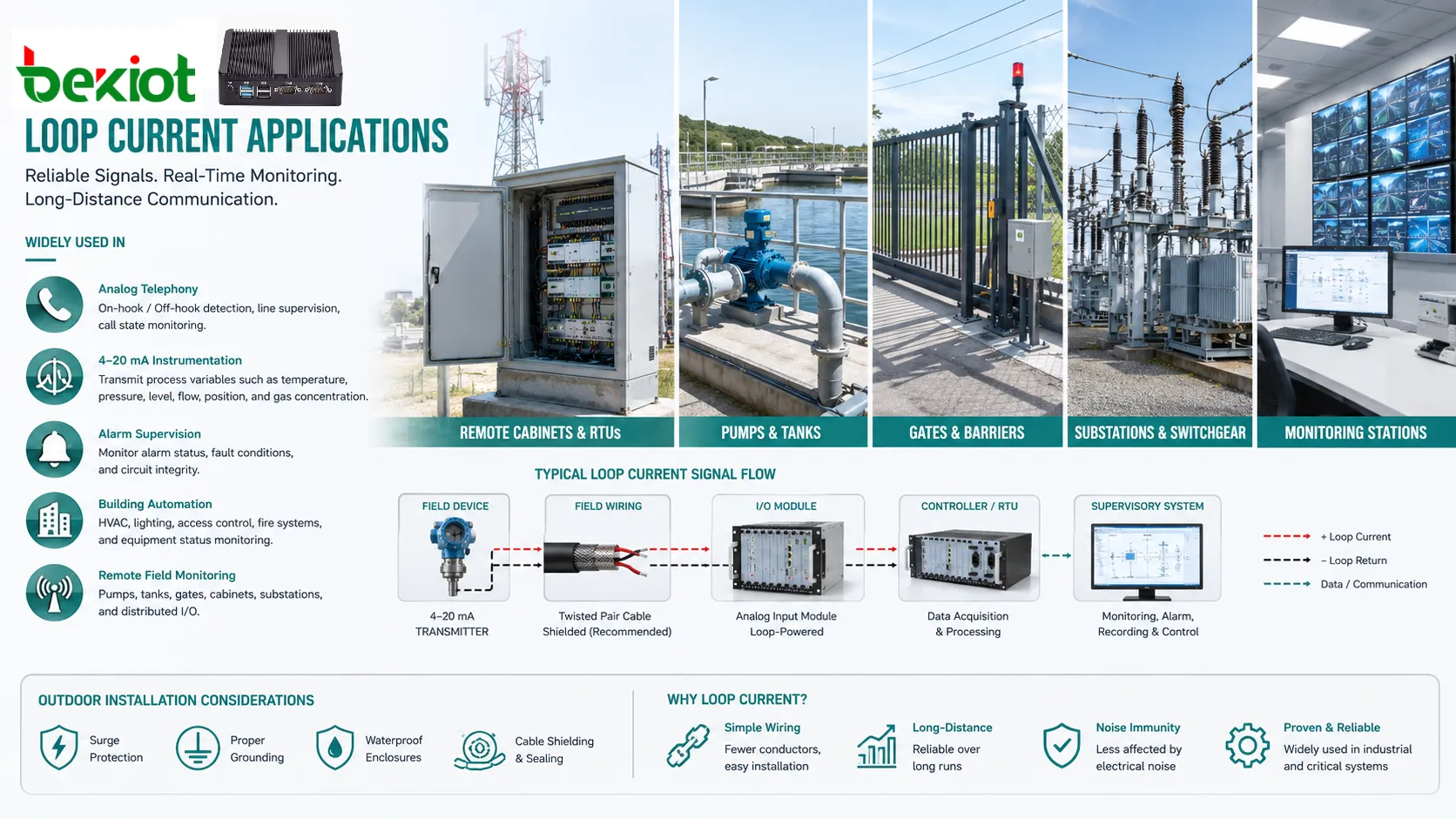Loop current applications in analog telephony 4 to 20 mA instrumentation alarm supervision and building automation systems