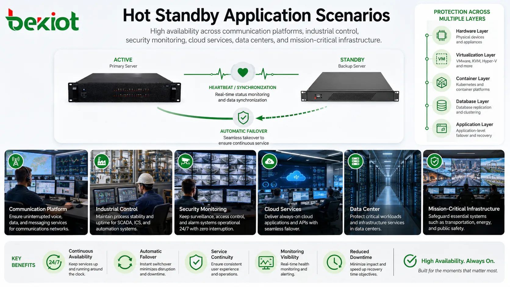 Hot standby applications in communication platform industrial control security monitoring cloud service and data center systems