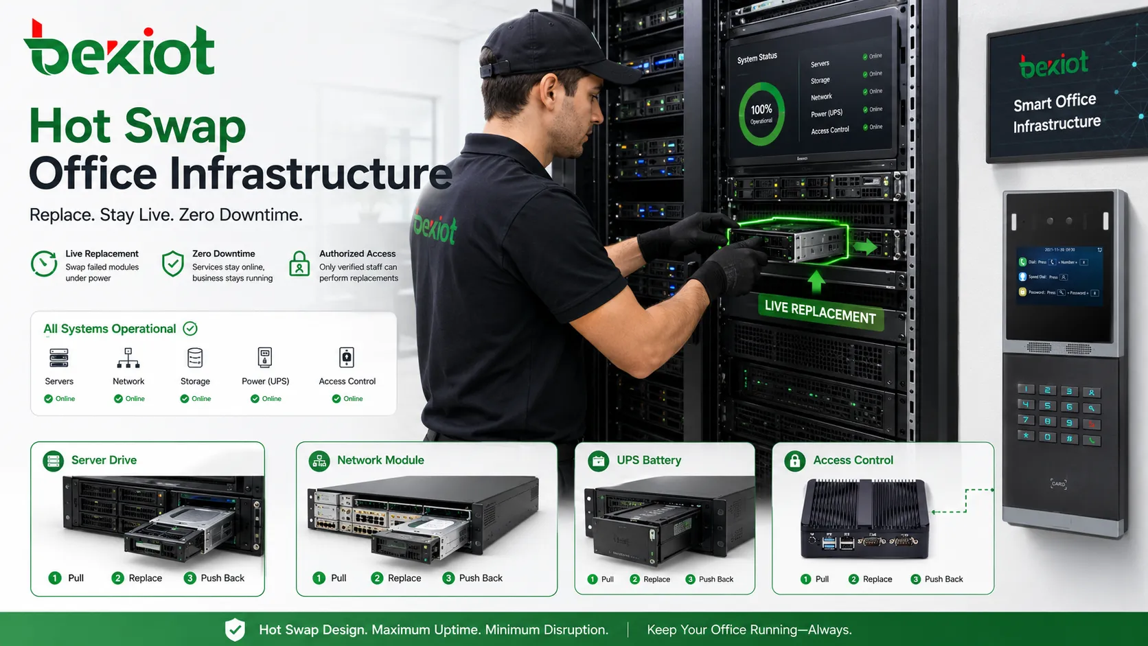 Hot swap office infrastructure showing server drive network switch module UPS battery and access control controller replacement