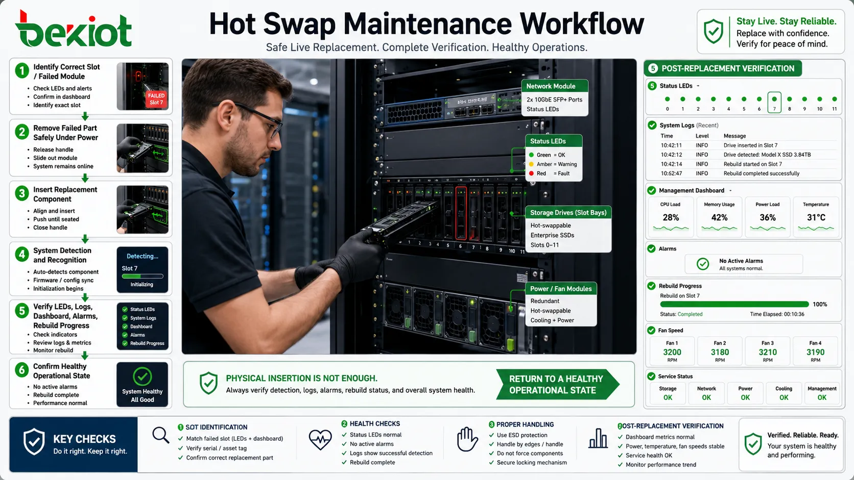 Office technician performing hot swap maintenance with labeled rack server storage drive and network module status indicators