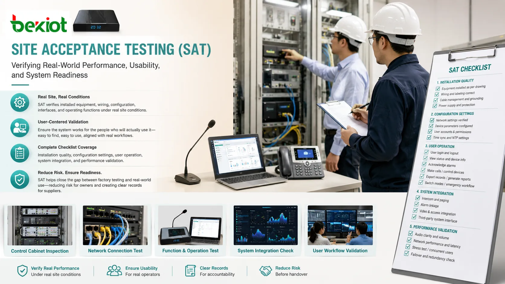 Site acceptance testing checklist covering installation quality configuration user operation and integration verification