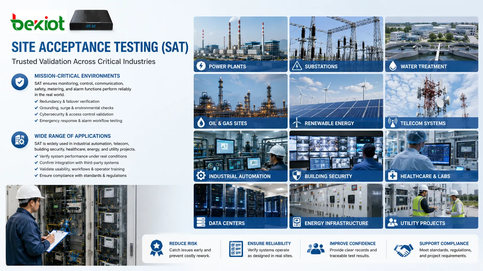 Site acceptance testing applications in industrial automation telecom building security healthcare and energy utility projects