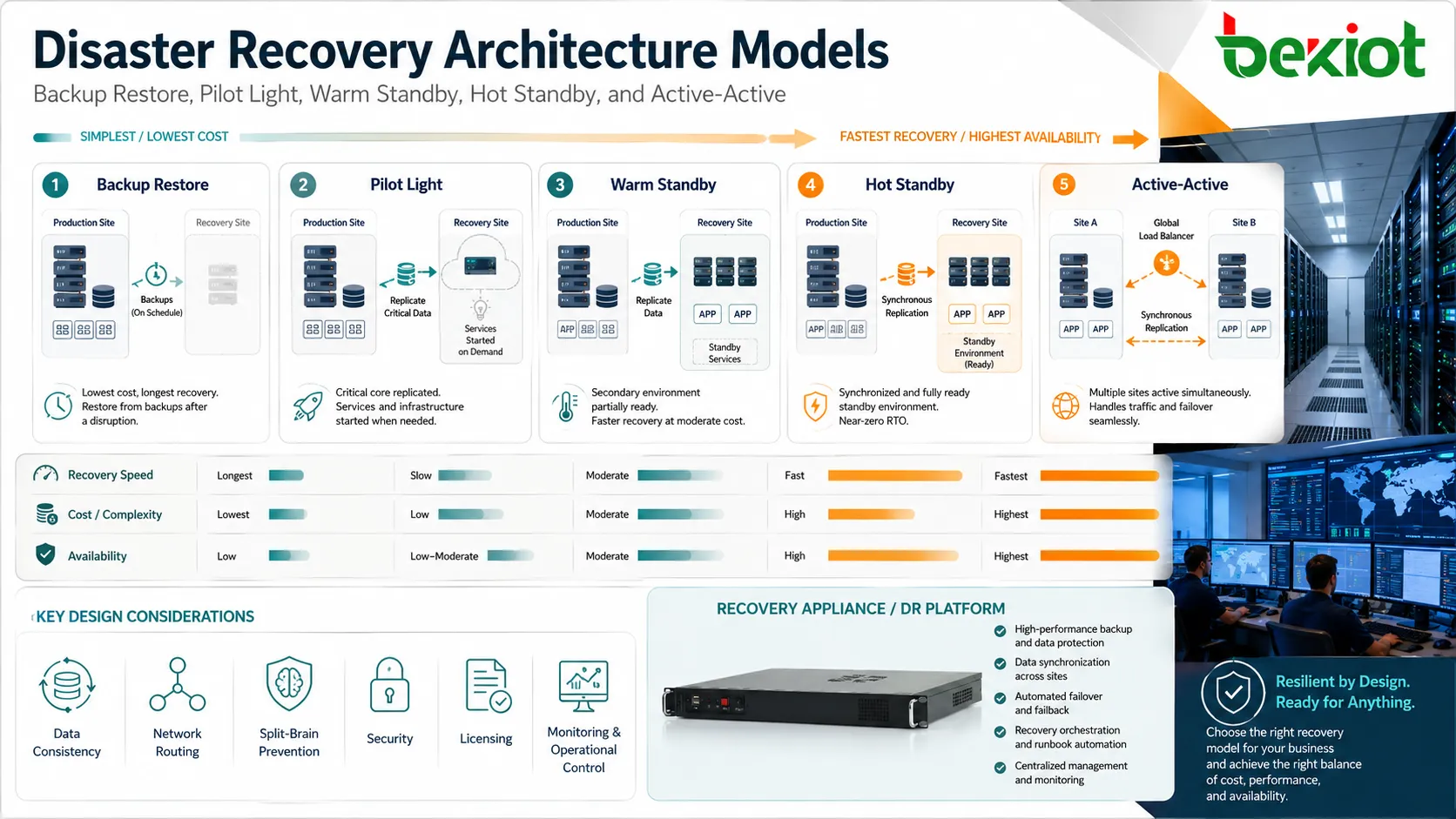 Disaster recovery architecture models including backup restore pilot light warm standby and active active failover