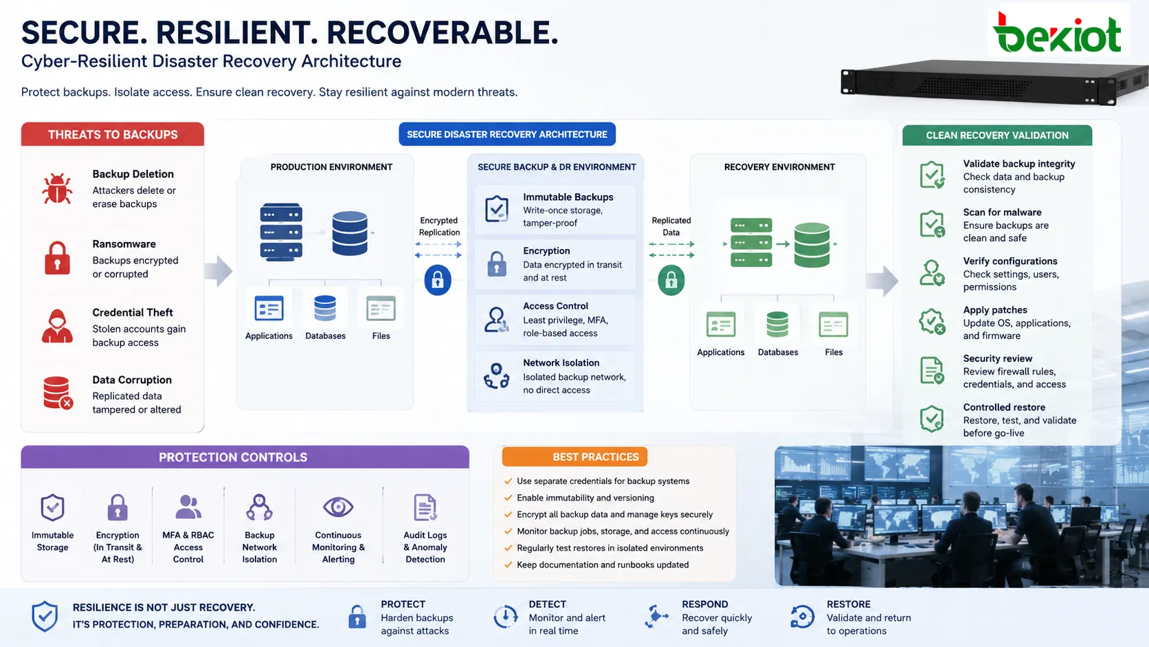 Disaster recovery cybersecurity design with immutable backup encrypted replication access control and clean restore validation
