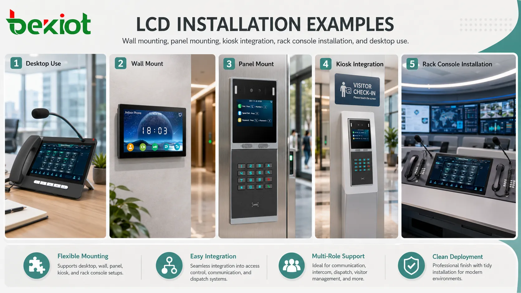 LCD installation options including VESA wall mount panel mount kiosk integration rack console and desktop monitor setup
