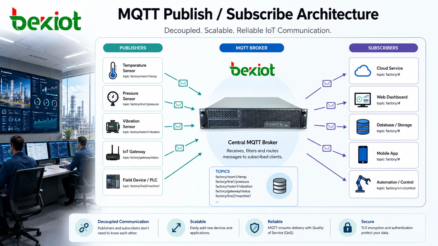 MQTT publish subscribe architecture with sensor gateway broker cloud dashboard and mobile application