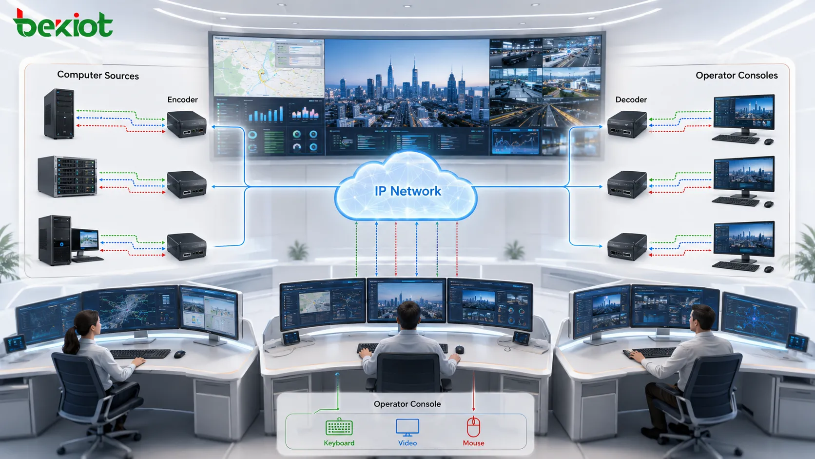 Distributed KVM system using encoders decoders IP network keyboard video and mouse control in a command center