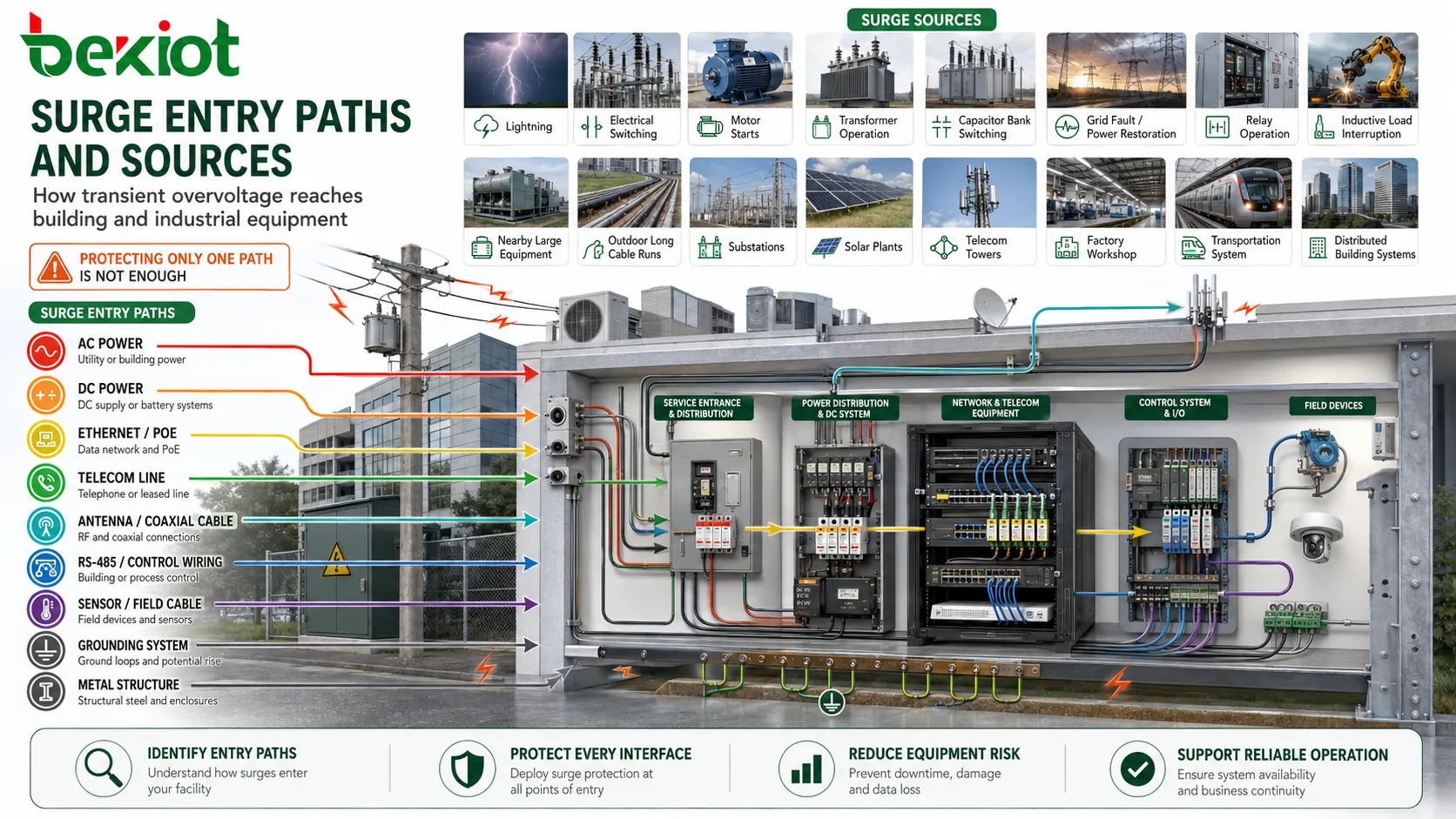 Surge sources entering building equipment through AC power Ethernet telecom line antenna cable and grounding system