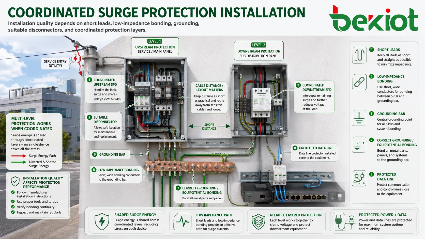 Surge protection installation with short leads low impedance bonding grounding bar panel SPD and protected data line