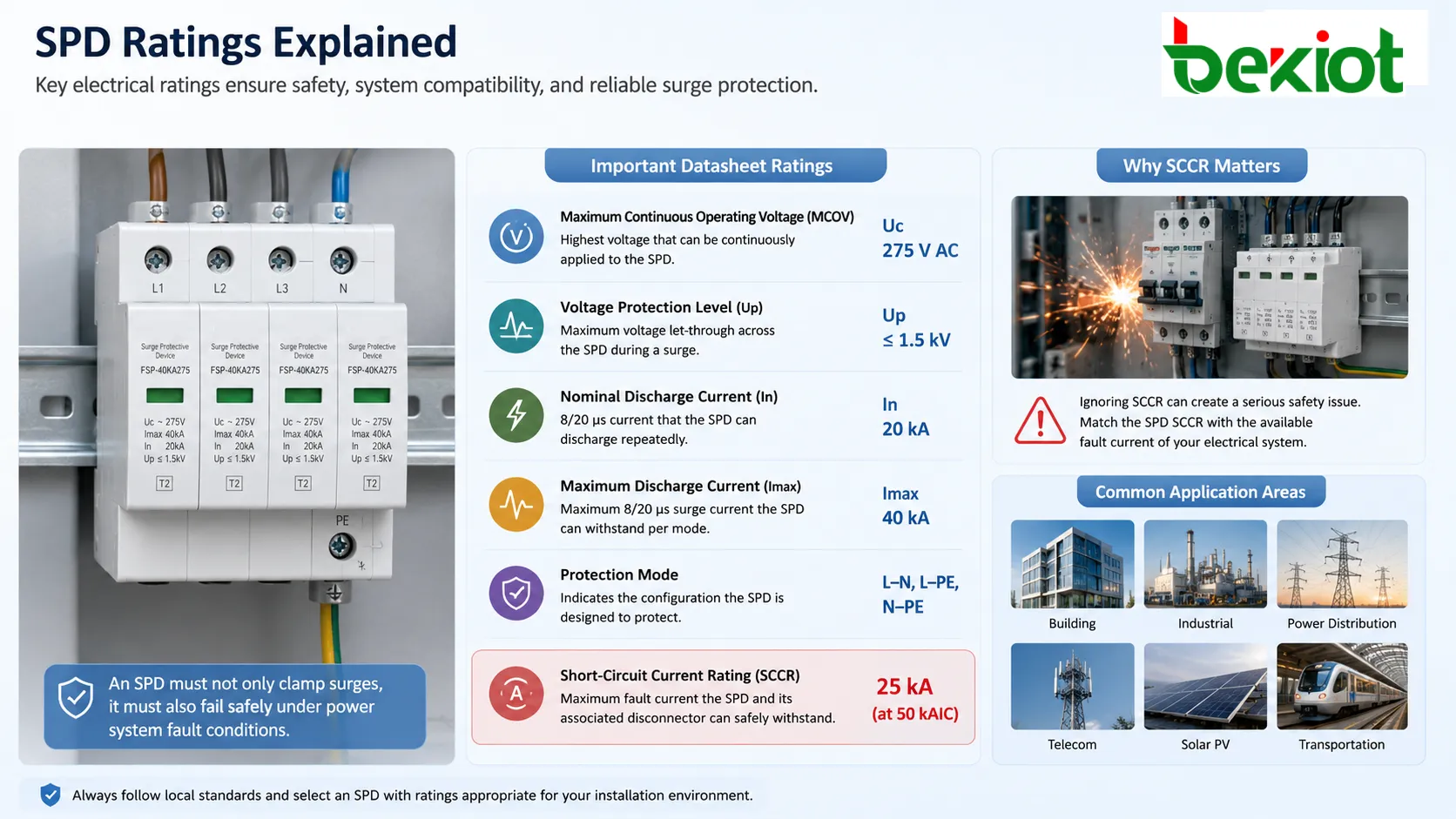 Surge protective device ratings including MCOV voltage protection level discharge current impulse current and short circuit current rating