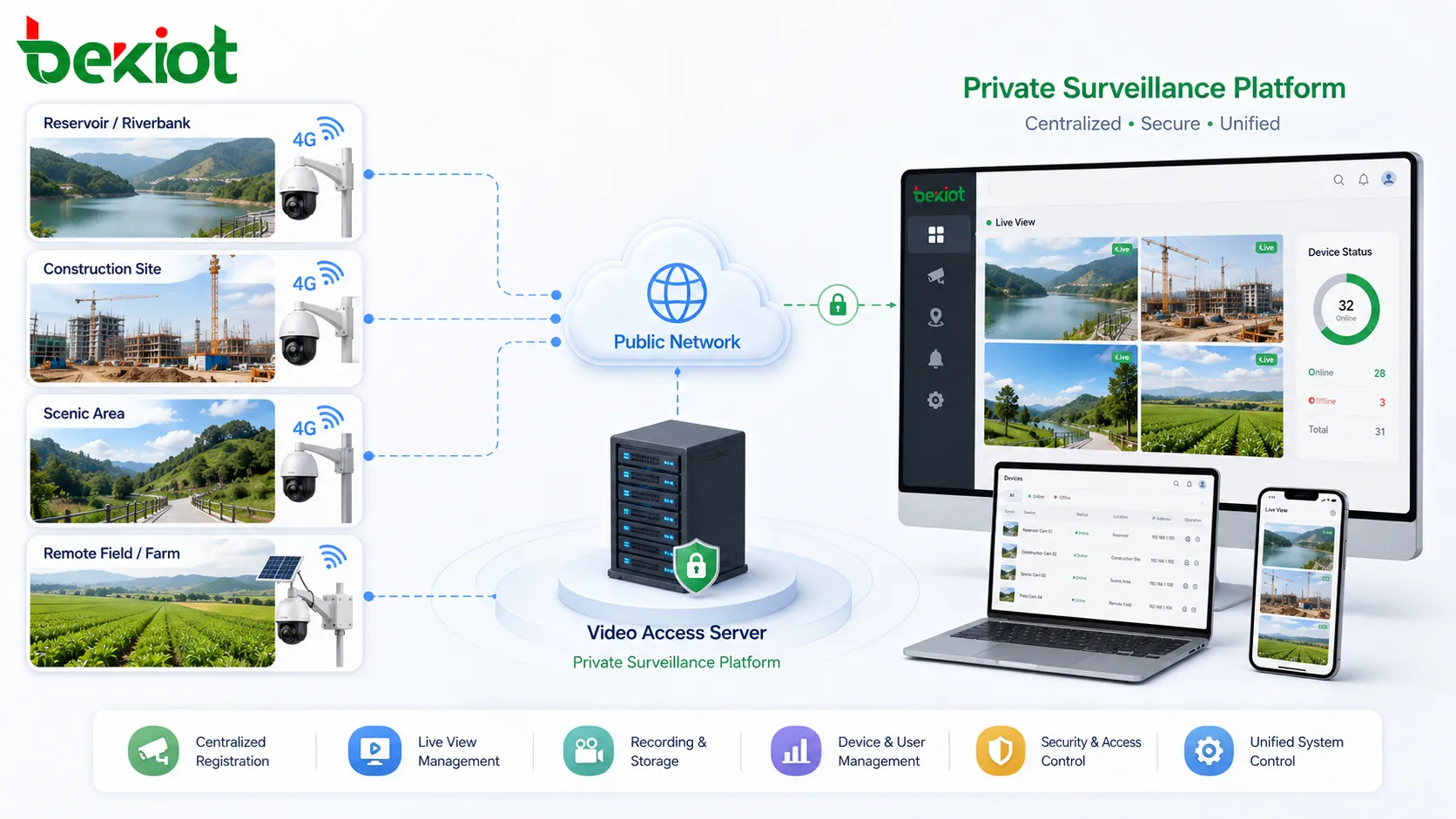 Private video surveillance platform connecting distributed 4G cameras through public network and video access server