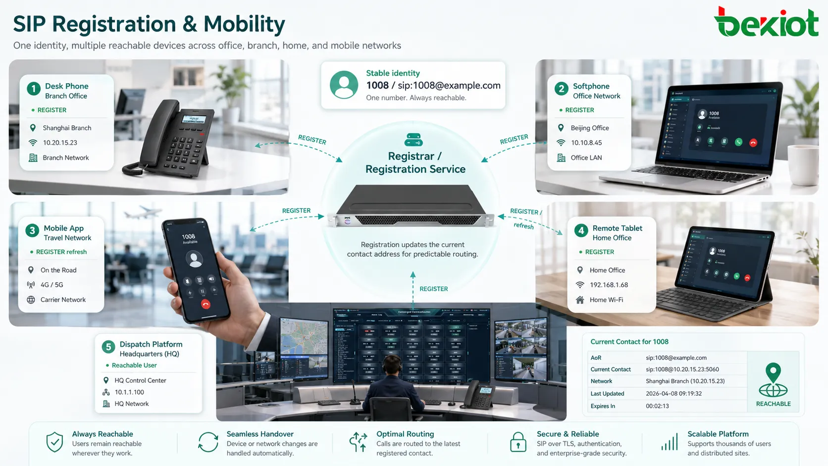 SIP registration supporting mobility across desk phone laptop softphone mobile app branch network and remote user