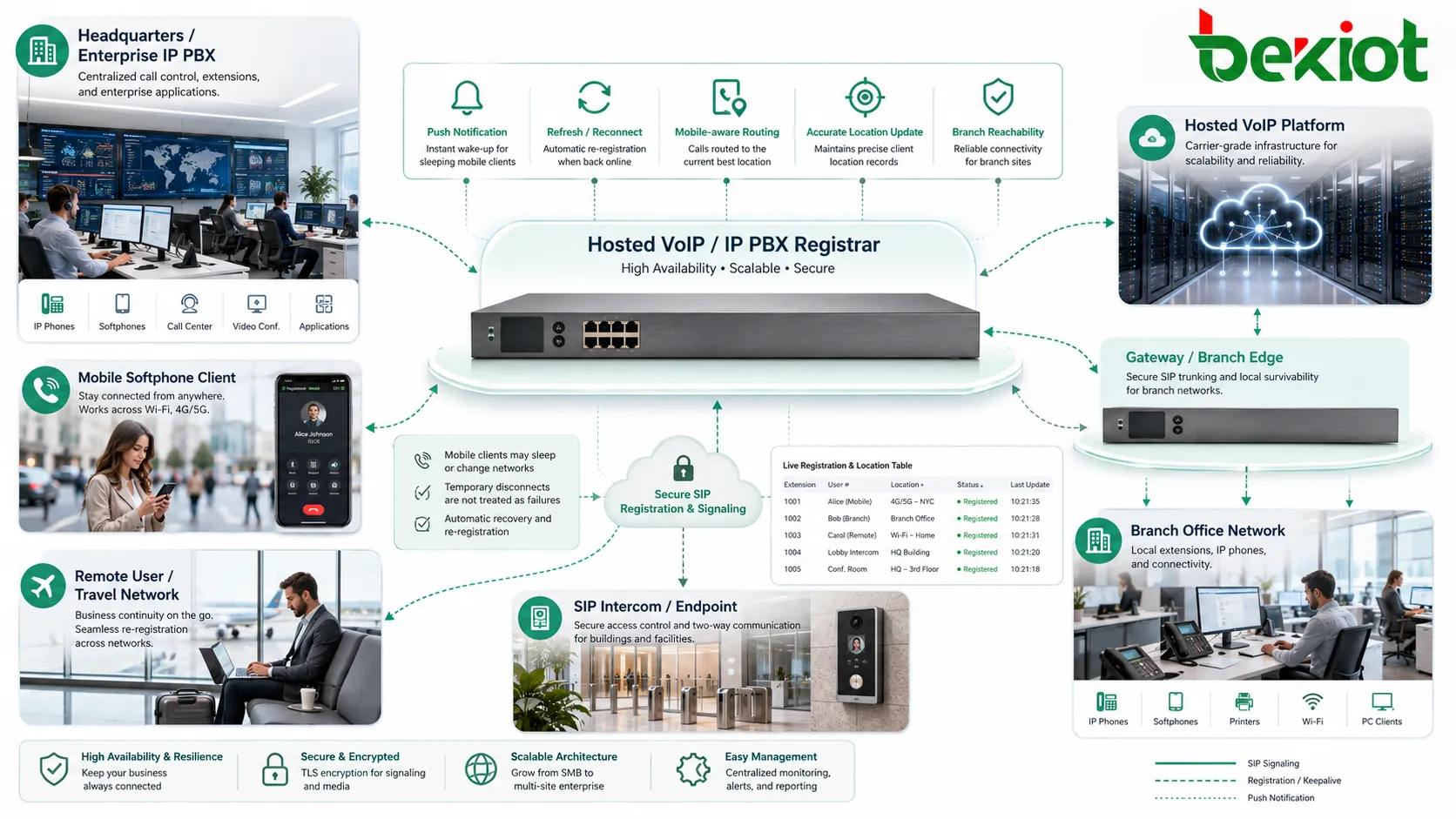 Registrar Server applications in enterprise IP PBX hosted VoIP branch network mobile softphone and SIP intercom system