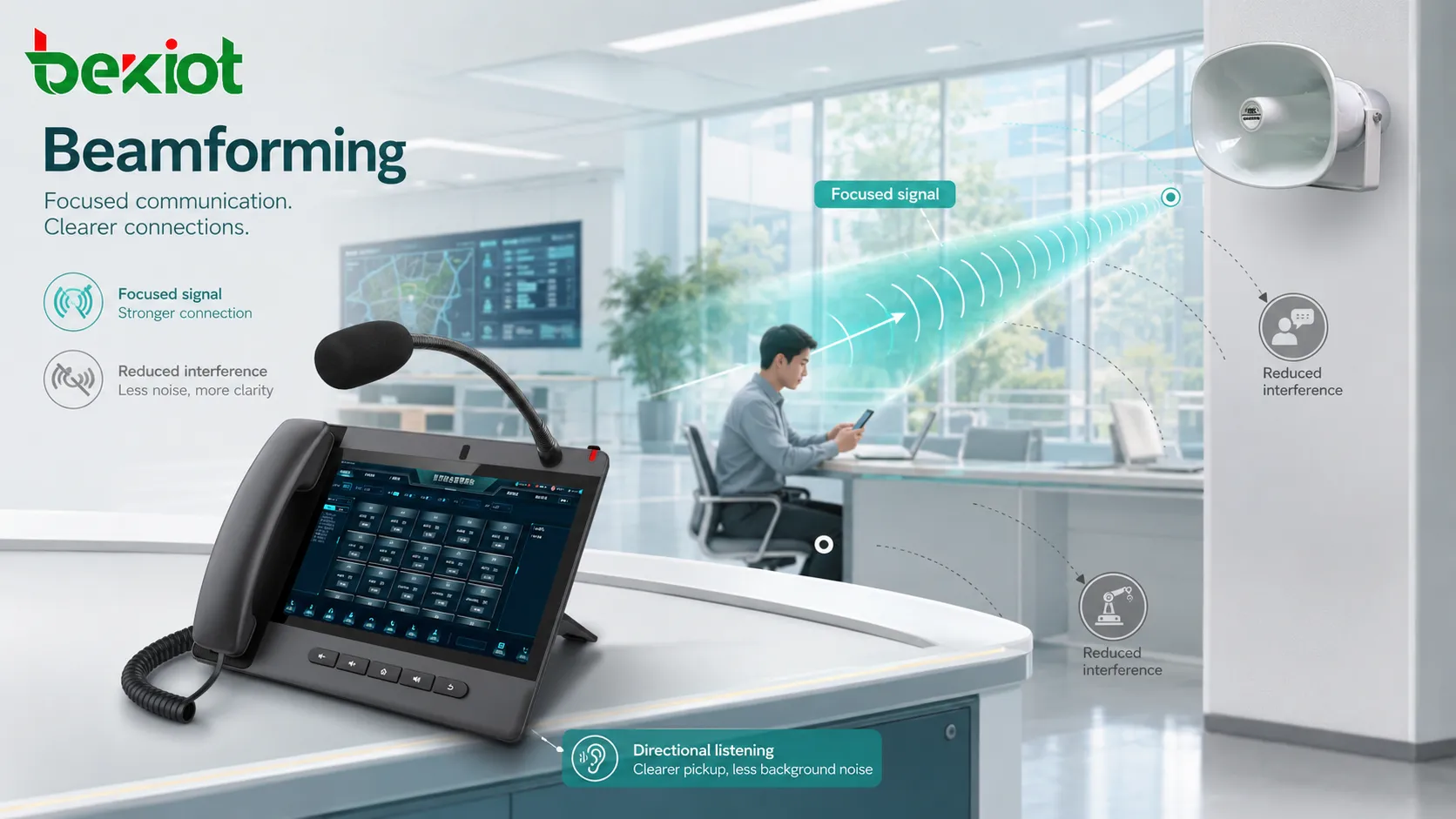 Beamforming concept showing antenna array focusing wireless signal toward user device while reducing side interference