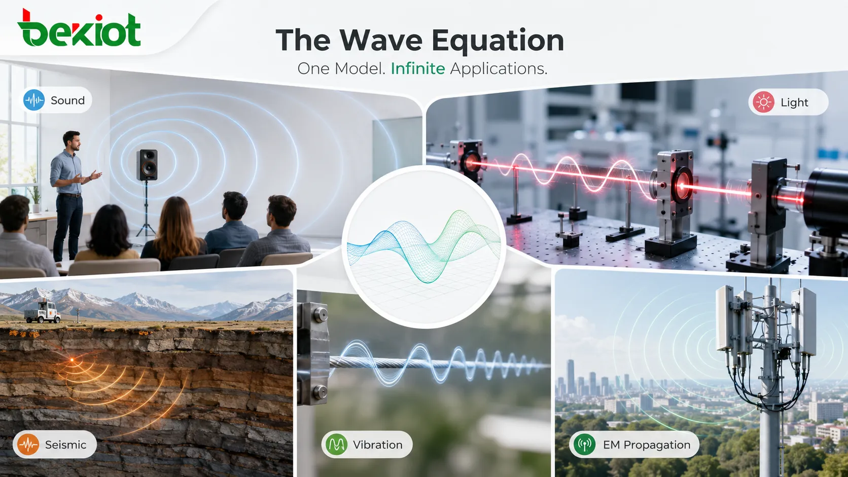 Wave equation applications showing sound wave light wave seismic wave vibration string and electromagnetic propagation