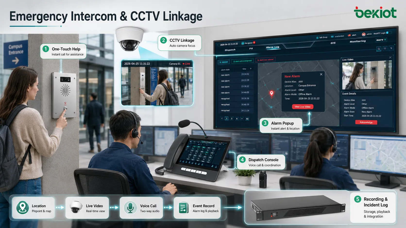 Emergency intercom terminal assistance system linked with CCTV camera GIS map alarm popup and dispatch operator console