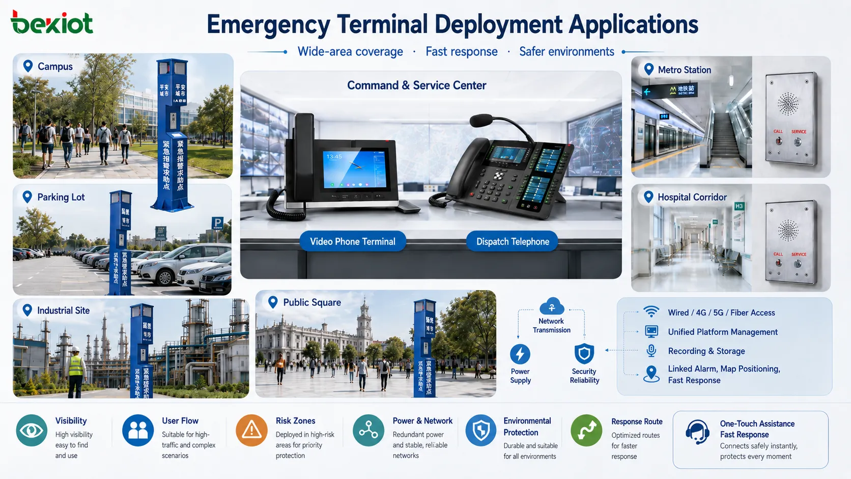 Terminal assistance system deployment in campus parking lot metro station hospital corridor industrial site and public square