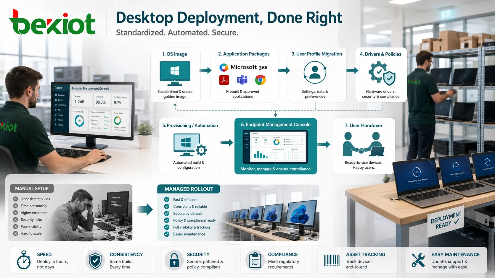 Desktop deployment workflow showing operating system image application packages user profile migration and endpoint management console