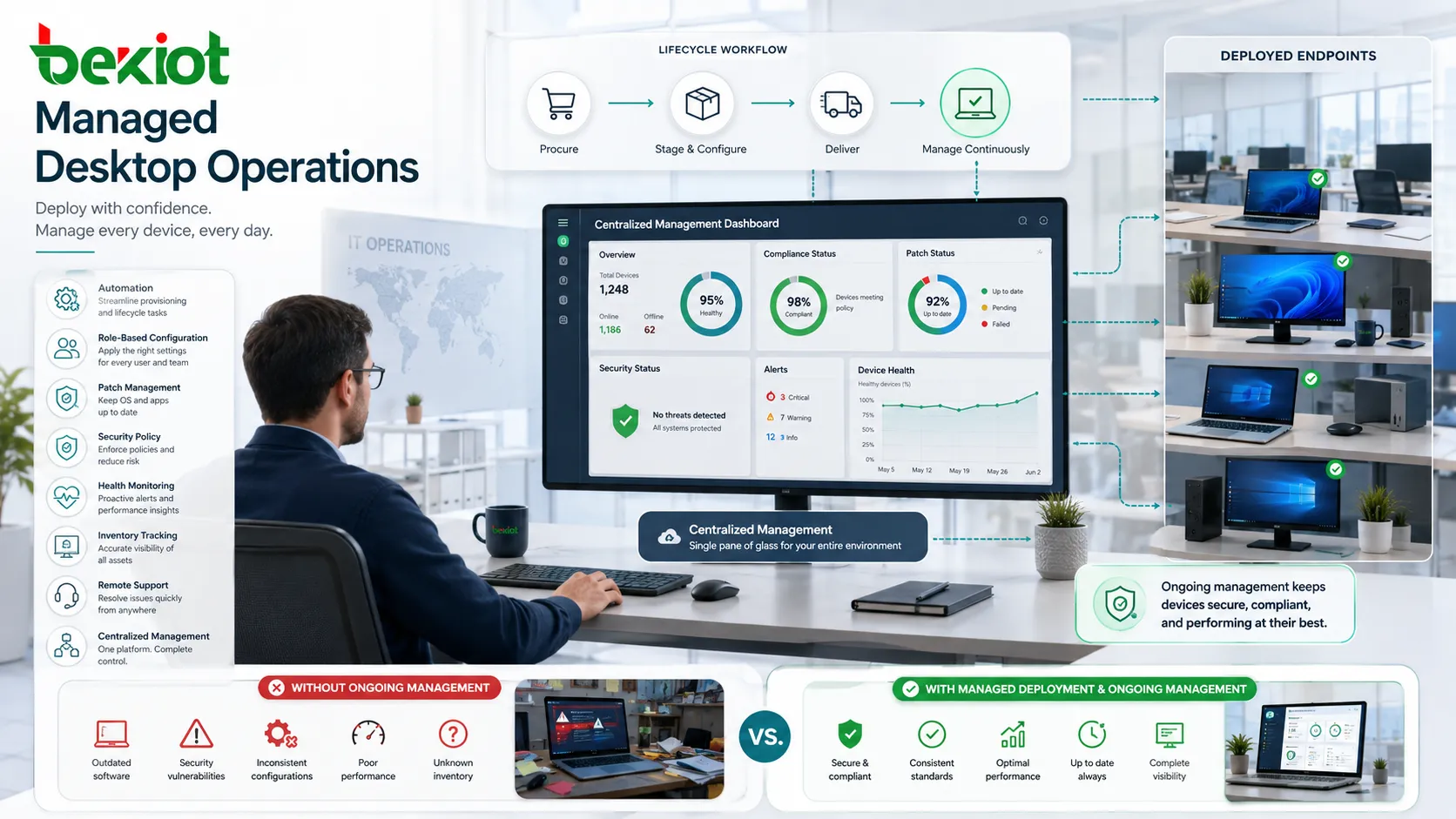 Managed desktop deployment with automation role based configuration patch management security policy and remote support dashboard