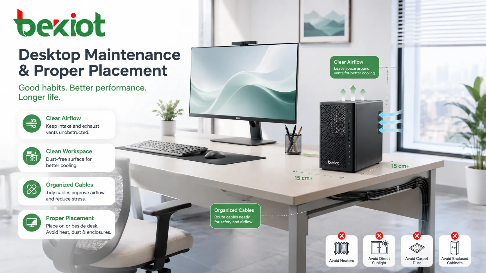 Desktop form factor maintenance showing clean workstation airflow clearance cable routing and dust free office desk setup