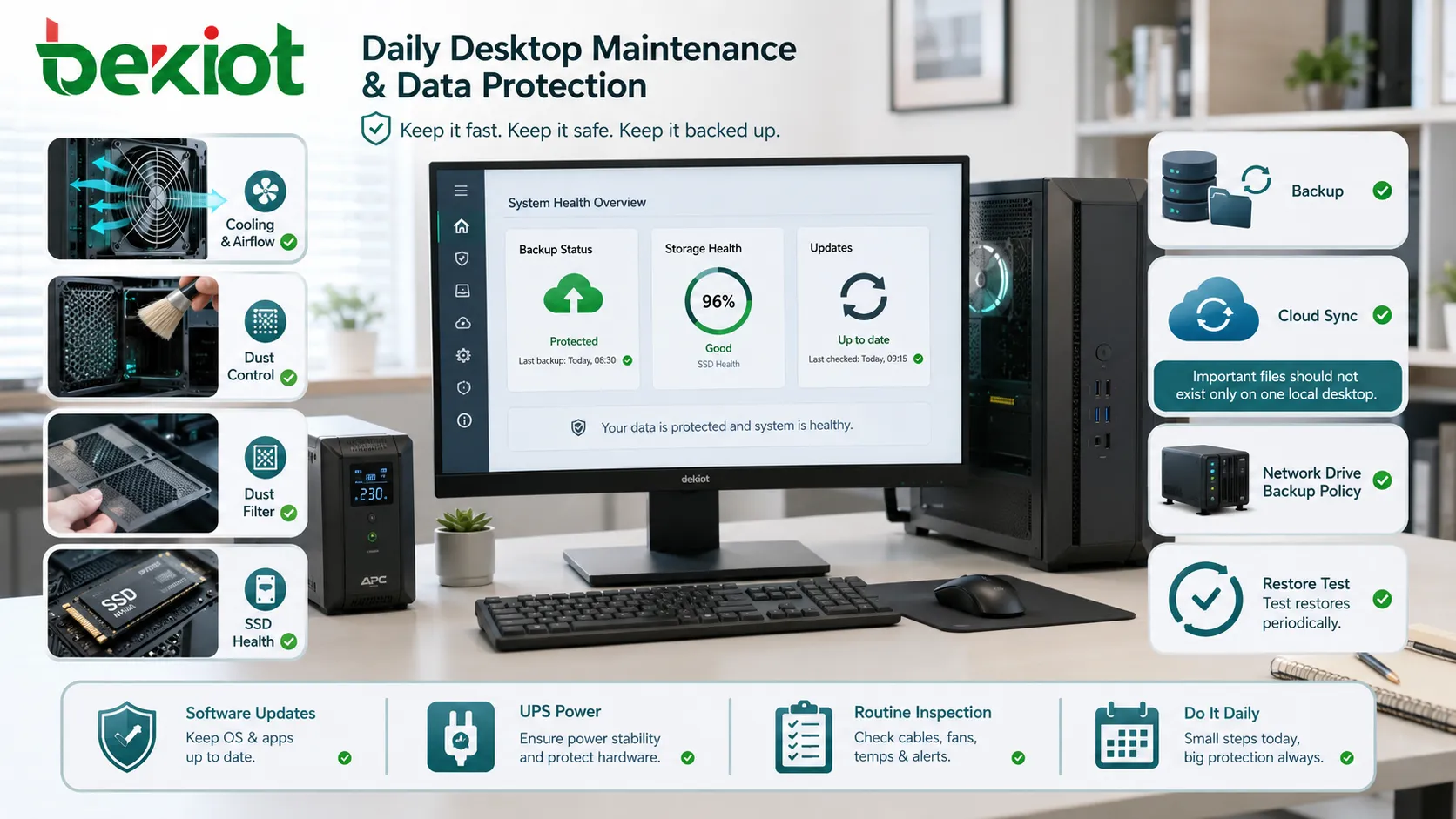 Desktop computer maintenance checklist with cooling fan dust filter SSD health backup UPS and software update dashboard
