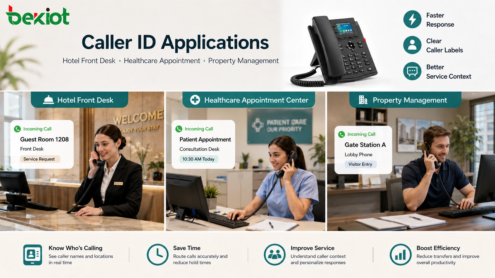 Caller ID applications in reception desk customer service healthcare appointment center hotel front desk and property management