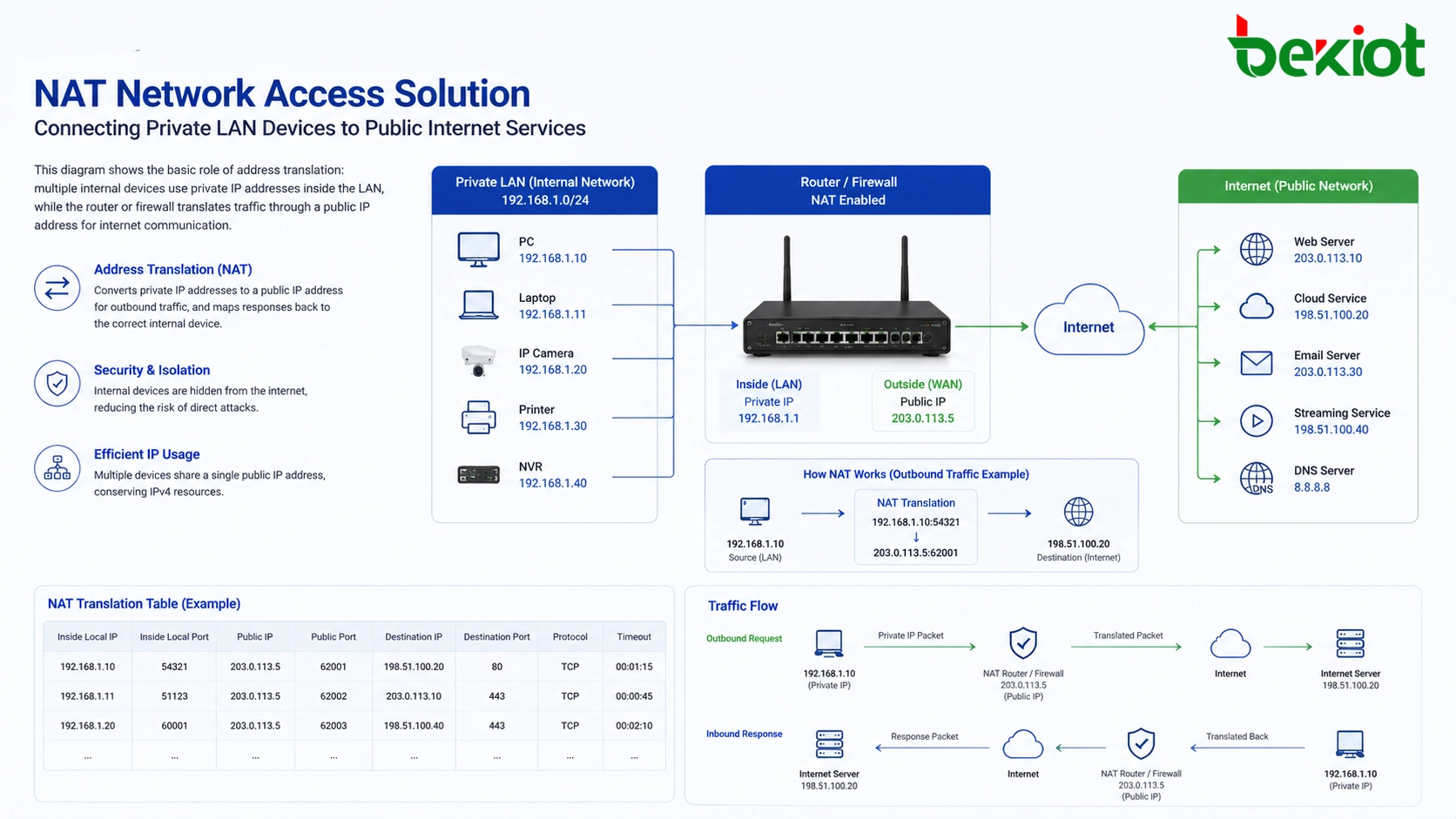 NAT network access solution connecting private LAN devices to public internet services