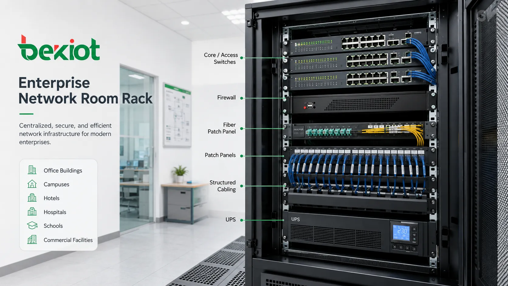 Enterprise network room rack with switches firewall router fiber patch panel UPS cable labels and structured cabling