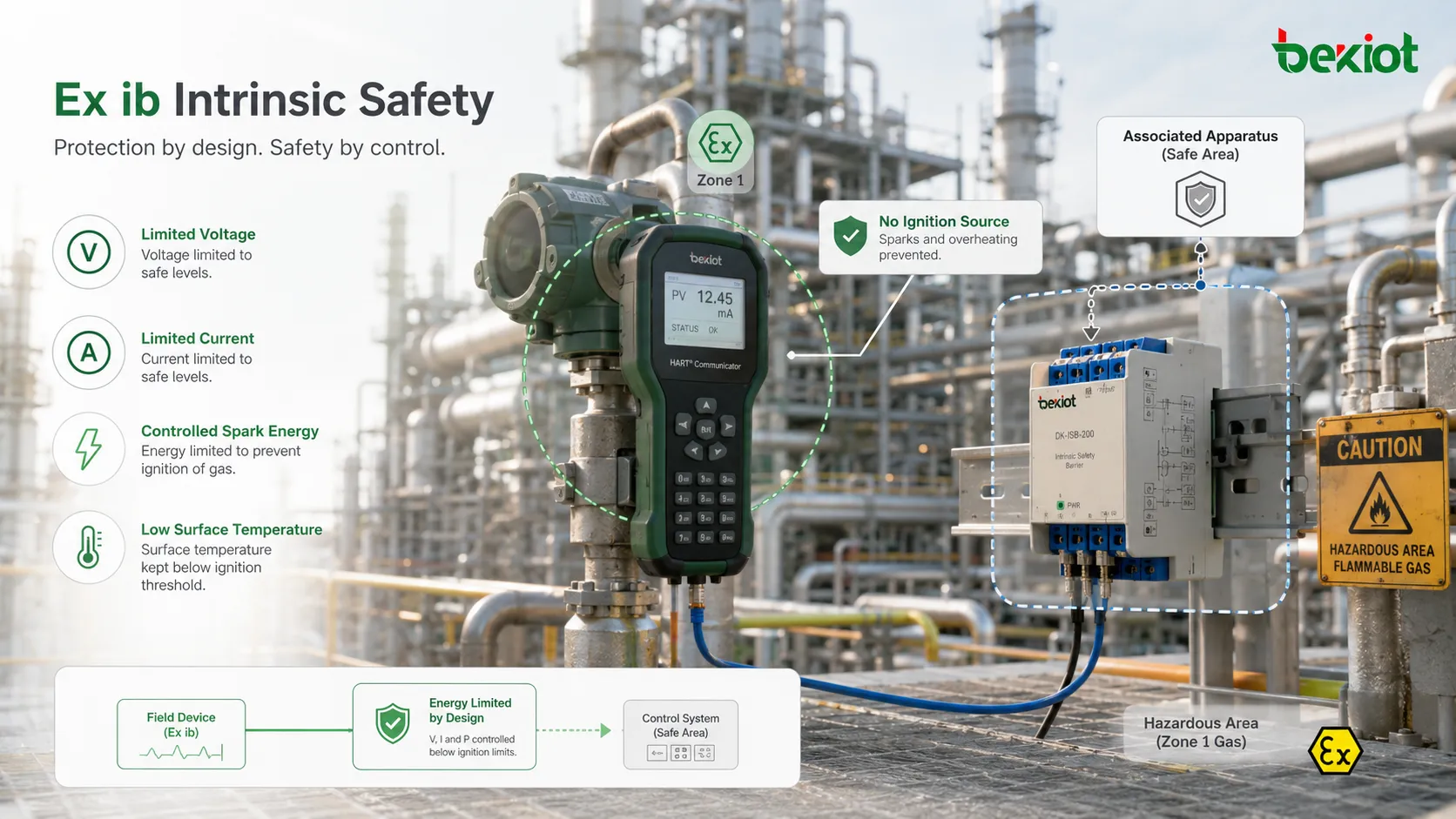Ex ib intrinsic safety protection concept limiting voltage current spark energy and surface temperature in hazardous gas area