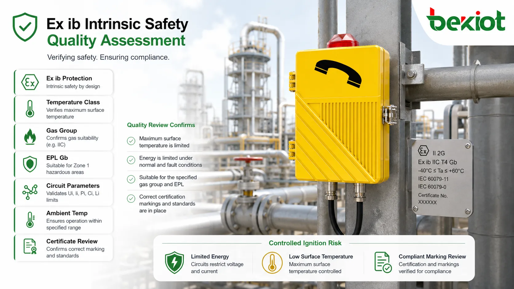 Ex ib quality assessment with temperature class gas group EPL Gb circuit parameters and certificate marking review