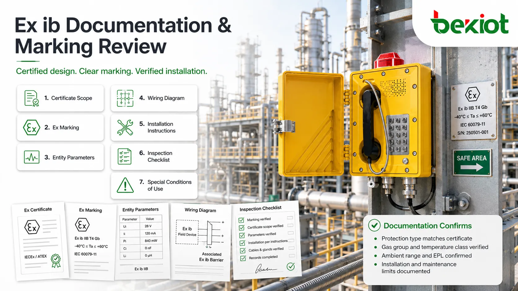 Ex ib intrinsic safety documentation package with certificate marking installation drawing entity parameters and inspection checklist