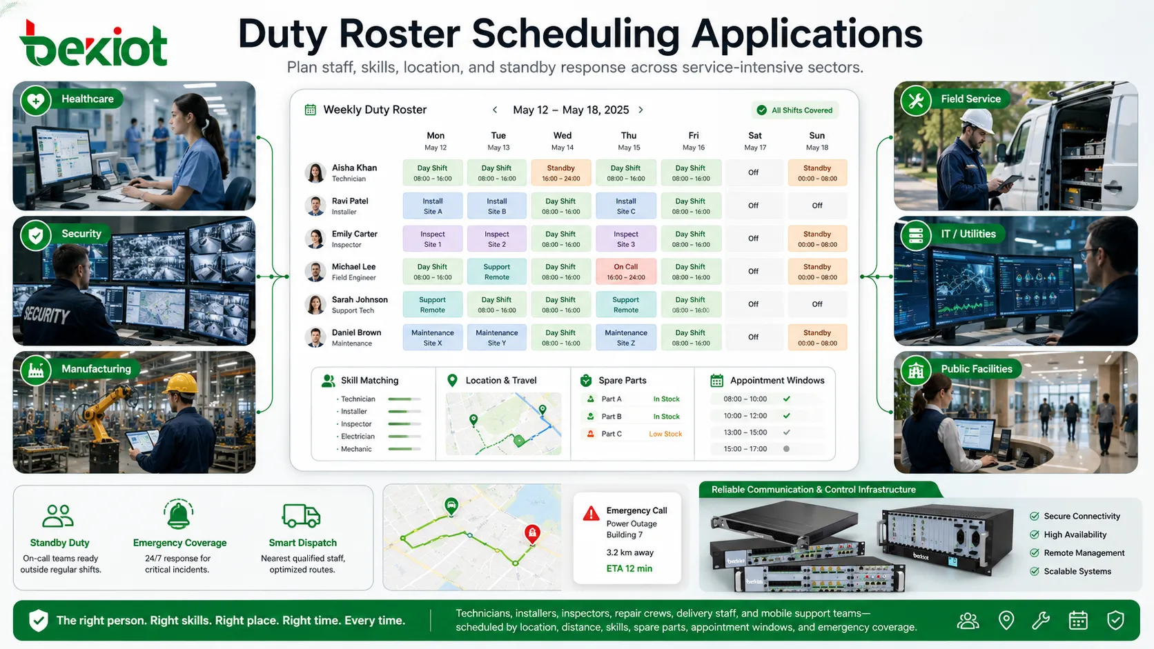 Duty roster scheduling applications in healthcare security manufacturing retail IT utilities education and field service sectors