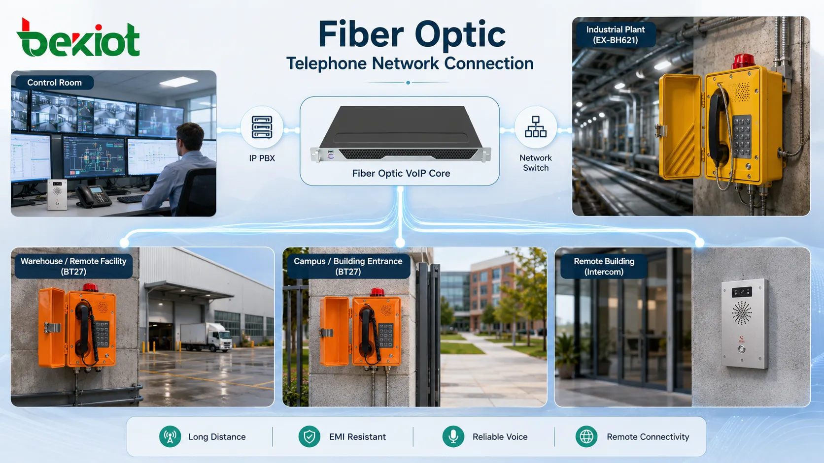 Fiber optic telephone network connecting IP phones control room PBX fiber switch media converter and remote building voice endpoints