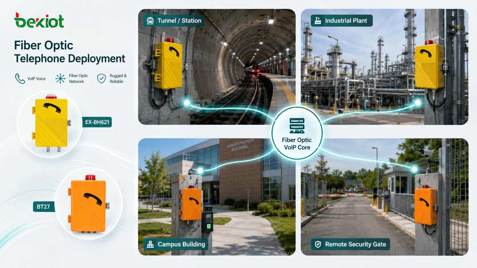 Fiber optic telephone deployment in tunnel station industrial plant campus building and remote security gate