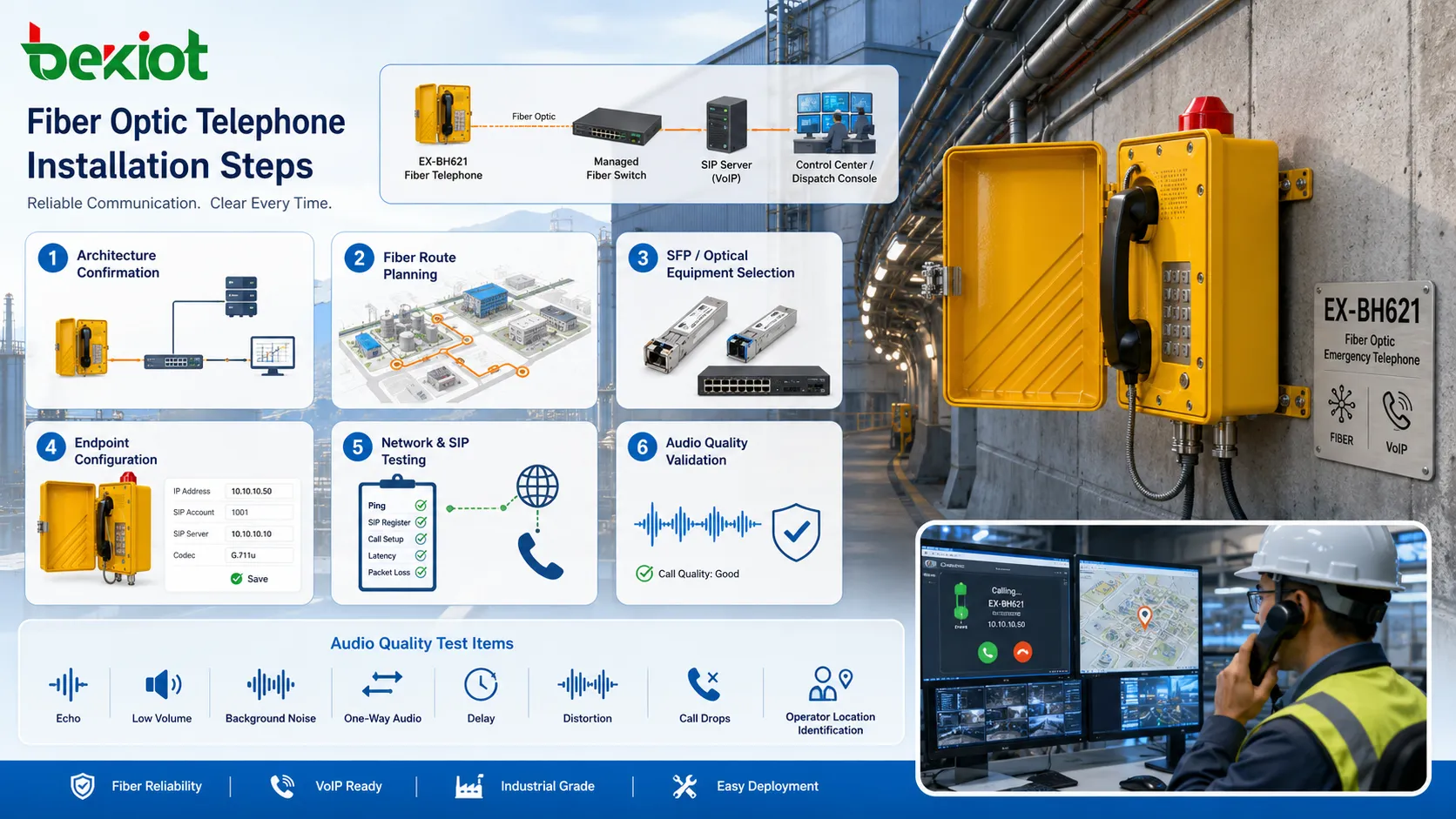 Fiber optic telephone installation steps with fiber route planning SFP module patch panel SIP phone testing and audio quality validation