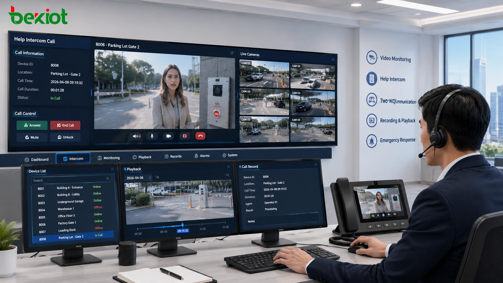 Control room operator handling help intercom call with live camera verification and recording access