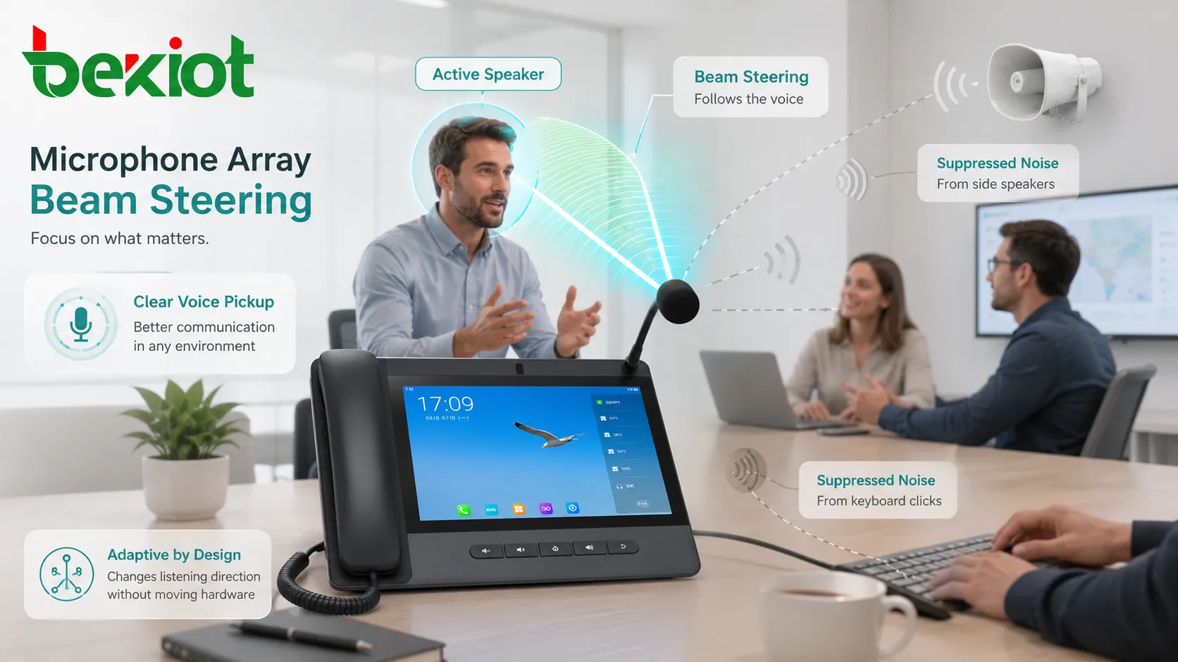 Beam steering diagram for microphone array focusing on active speaker in meeting room and suppressing noise directions