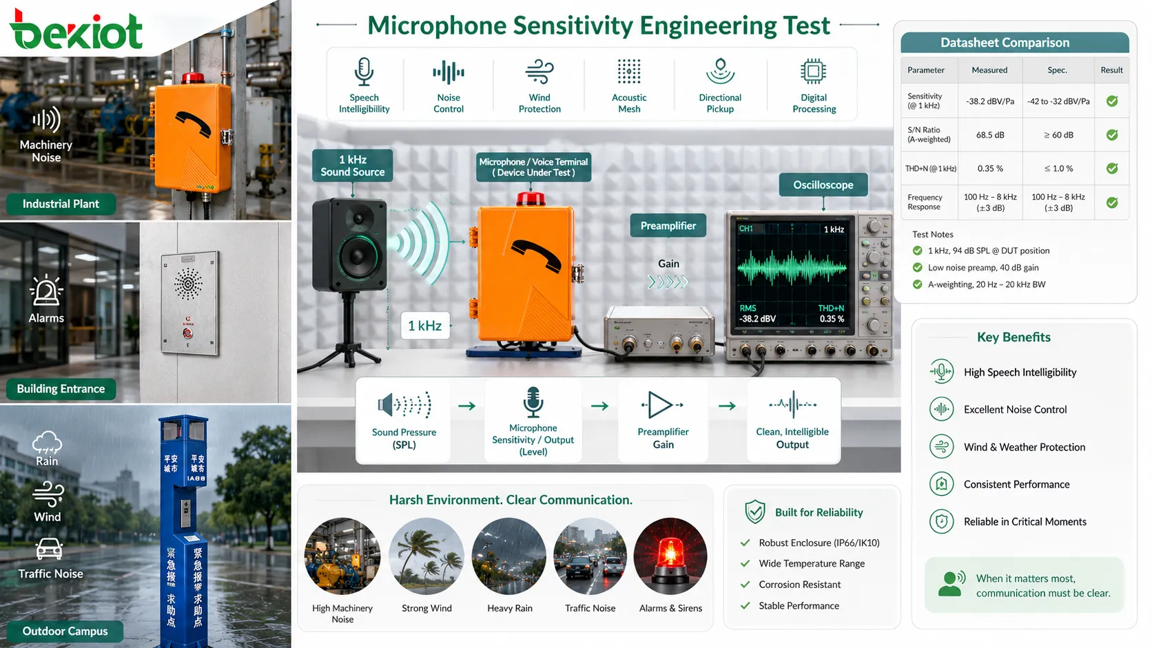 Microphone sensitivity engineering test with acoustic chamber 1 kHz sound source preamplifier oscilloscope and datasheet comparison